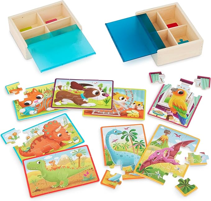 B. toys- Pack o' Puzzles 2-Pack - Pets & Dinos- Wooden Puzzle Box Set – 2 Puzzle Boxes, 8 Puzzles- 12-Piece Jigsaw Puzzles for Kids – 3 Years +