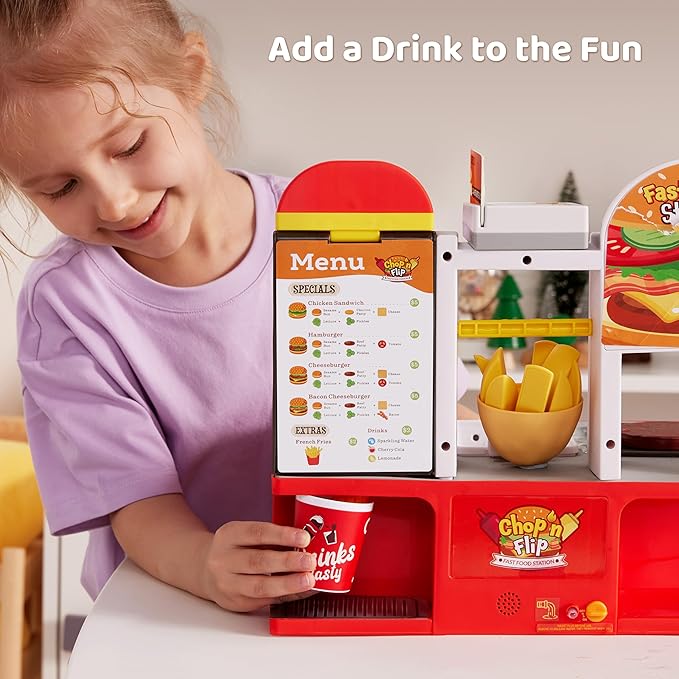 Play Kitchen Toddler Toy - 40+ PCS Fast Food Station with Potato Cutter, Simulated Frying Effect & Lights, Order & Drink Station - Pretend and Play Food Toy Birthday Gift for Boys Girls