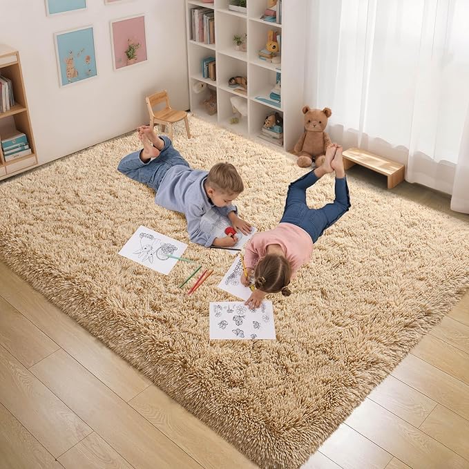 5x8 Fluffy Soft Beige Rug for Living Room Bedroom, Large Area Rugs Super Soft Shaggy Carpet for Classroom Kids Babys Playroom Toddler Nursery Dorm Home, Modern Indoor Non Slip Rug
