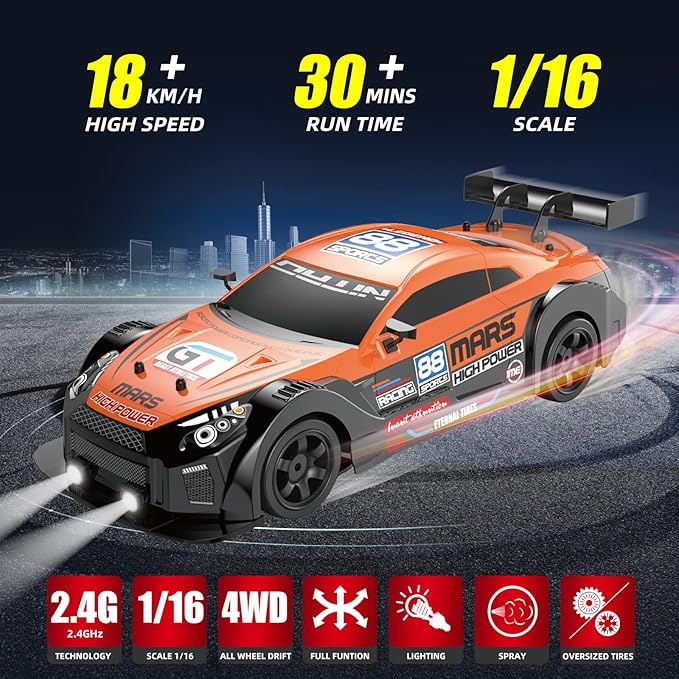 RC Drift Car 2.4GHz 1:16 Scale 4WD High Speed RC Drifting Car Remote Control Cars with LED Lights Rechargeable Battery and Drifting Tires Racing Toy Cars for Adults Boys Girls Kids