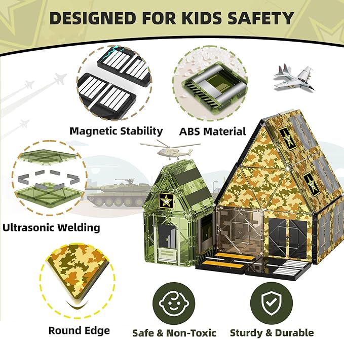 GobiDex 100PCS Army Magnetic Tiles Building Toys for 3+ Years Old Boys, Military Magnetic Blocks STEM Sensory Birthday Gifts for Army Men Playset, Upgraded Stacking Magnets for Kids
