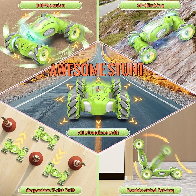 Gesture Sensing RC Stunt Car Toys Gifts for 6-8 8-12 Kids, 2.4Ghz 4WD Hand Controlled RC Car with Light & Music & Spray, Double-Sided 360° Rotating Birthday for Boys