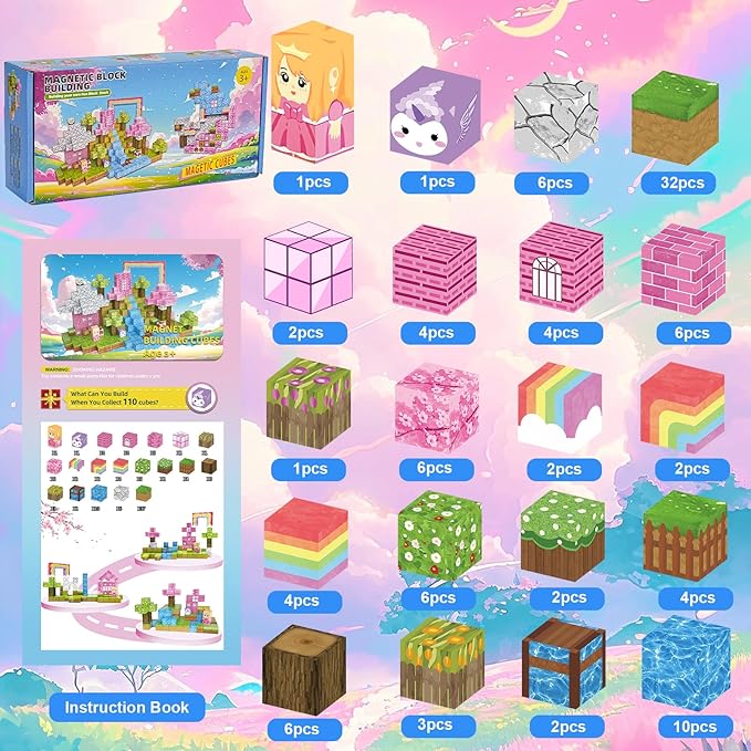 Magnetic Blocks - 110PCS Magnets Building Blocks World Set for Kids Ages 3-5 5-7 8-12, Magnetic Tiles Game Preschool Toys for 3 4 5 6 Year Old Girls Boys Gifts （Rainbow Home）