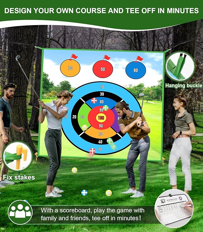 Golf Game: 70"x 70" Plus Size Double Sided Hitting Mat, Ideal Gifts for Kids Adults, 20 Sticky Balls & 10 Darts for Indoor or Backyard Battle Chipping