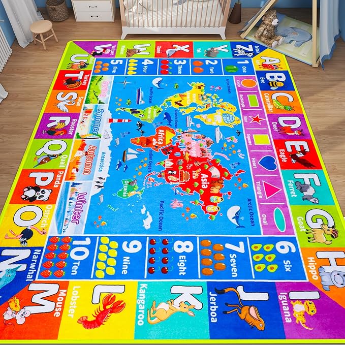 World Map ABC Kid Rug for Playroom 78.7"×59" Geography Classroom Play Rug Educational Baby Playmat Alphabet Mat for Primary School Fluffy Non-Slip Preschool Carpet Nursery Room Elementary Learning