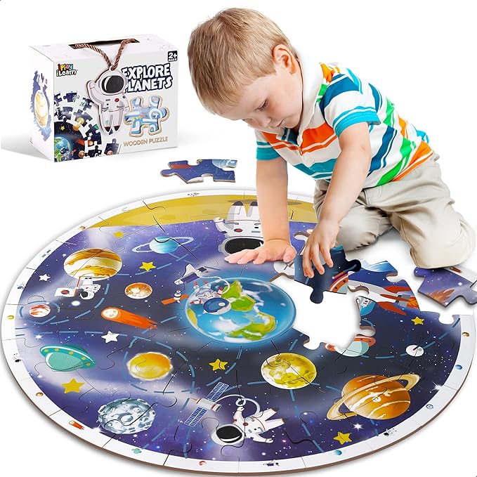 iPlay, iLearn Floor Puzzles for Kids Ages 3-6, Jigsaw Puzzle for kids Ages 4-8, Toddler Large Wooden Learning Toy, Educational Round Planets, Solar System Birthday Gift for 5-7 Year Old Boy Girl Child
