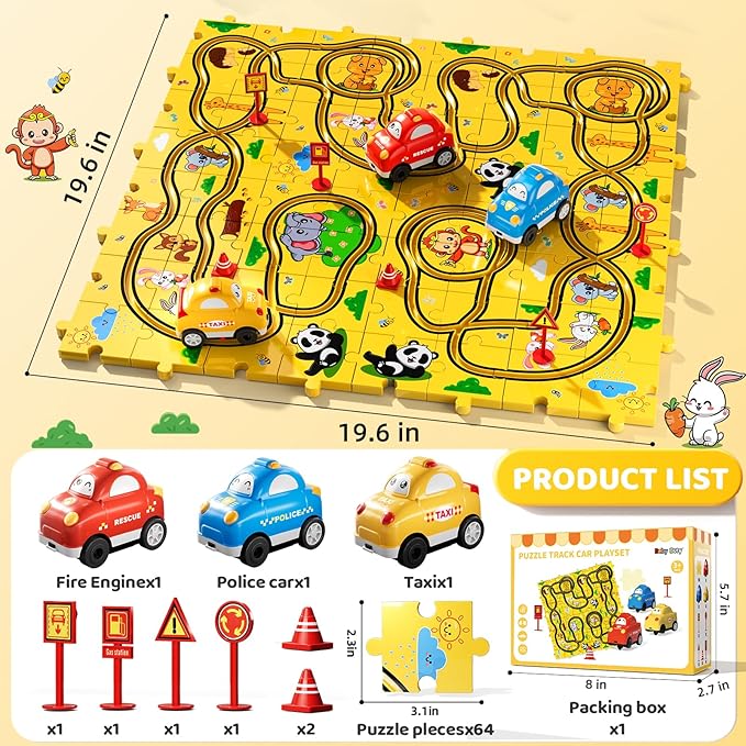 64 PCS Puzzle Race Cars Track Set Toys for Kids Boys, Puzzle Racer Kids Car Track Set Ages 3-5 4-6, Toys Gifts for 3 4 5 Year Old Boys, Ideal 3 4 5 Year Old Boys (Animals)