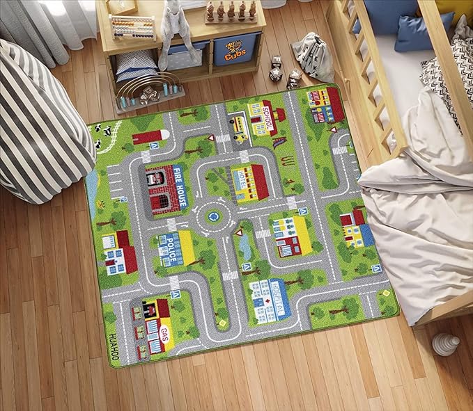 HUAHOO City Street Map Kids' Rug with Roads Kids Rug Play mat with School Hospital Station Bank Hotel Book Store Government Workshop Farm for Boy Girl Nursery Bedroom Playroom Classroom (39" X 39")