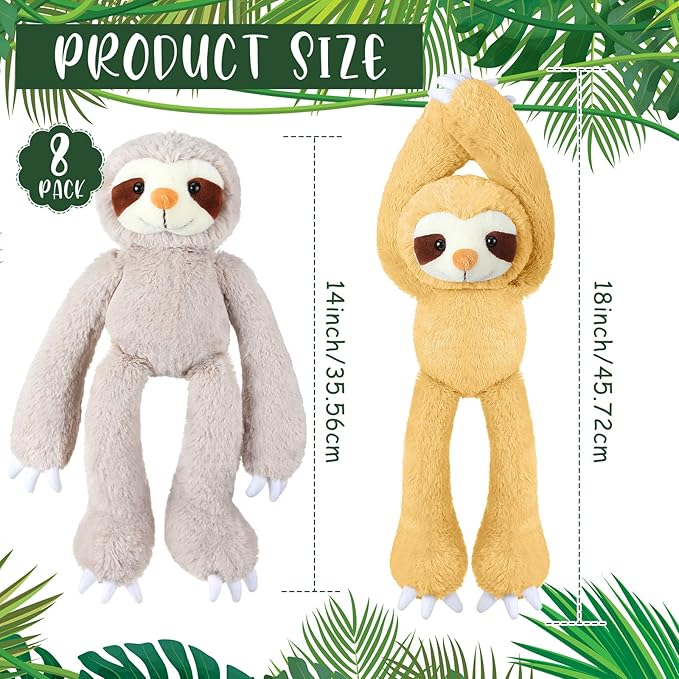 8 Pcs Hanging Sloth Stuffed Animal 18 Inch Three Toed Sloth Plush Toy with Hook and Loop Hands Hanging Sloth Toy for Boy Girl (Grey, Dark Brown, Light Brown)