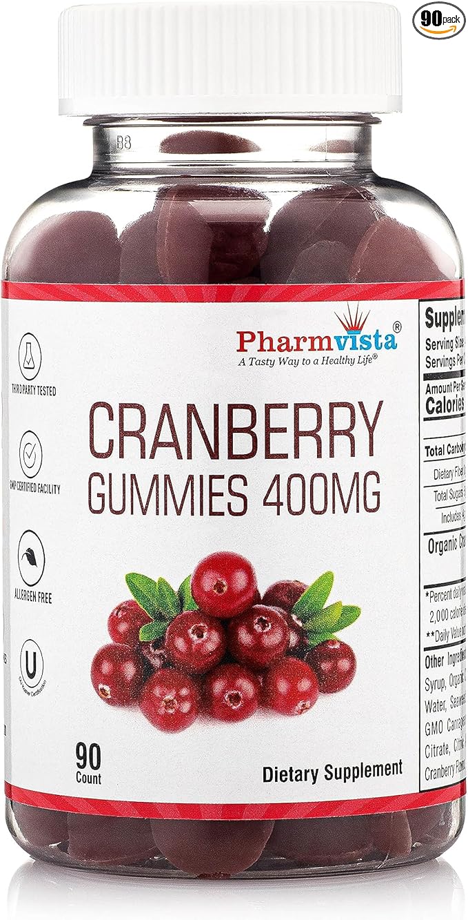Cranberry Gummies for Kids & Adults 400mg-Gluten Free Allergen Free Nutrient Rich Vegan Supplement -Cranberry Chews-90 Count