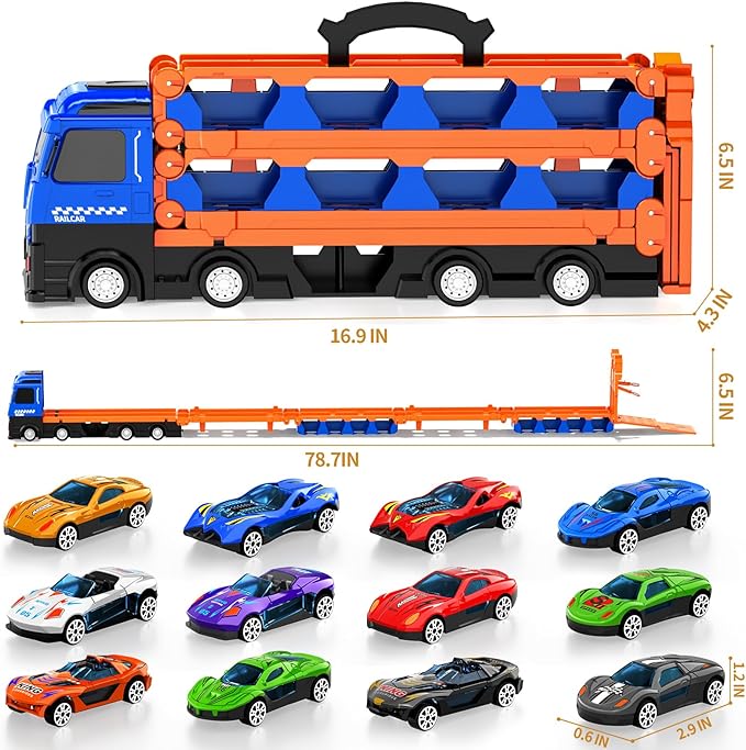 78.7-Inch Racing Car Track Truck Toy for Boys 2 3 4 5 6 7 Years Old - Transport Carrier Trucks, Foldable Tracks Storage, 12 Die-cast Car, Gifts for Toddlers and Kids Aged 3-5