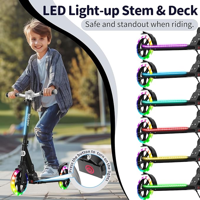 BELEEV V8 Scooters for Kids Ages 6+ with Light-Up Deck, 2 Wheel Folding Scooter for Adults Teens, 4 Adjustable Height, Lightweight Sport Commuter Scooter, Sturdy Frame, Max Load 220 lbs