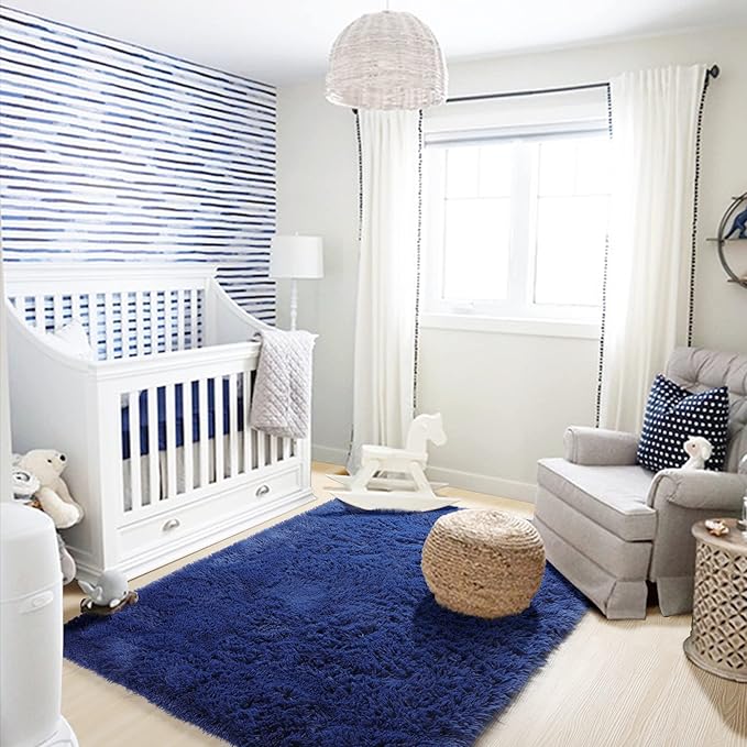 Amdrebio Navy Blue Area Rugs for Boys Bedroom, Fluffy Shag Furry Bedside Rug for Kids Room, Living Room Decor Aesthetic, Cute Throw Royal Dark Blue Carpet for Baby Nursery Office Dorm Playroom, 4x6