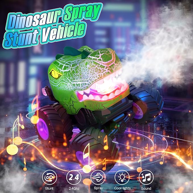 Dinosaur Remote Control Car for Boys 4-7, 360° Rotating Stunt Vehicle, 2.4GHz All Terrain RC Monster Truck Toys with Spray, Light & Sound for Kids 8-12, Birthday Gift for Boys (Green)