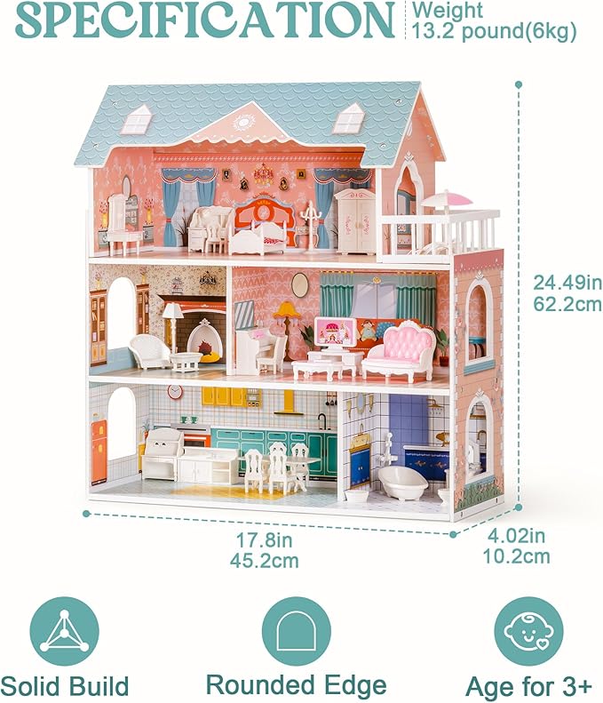 ROBUD Wooden Dollhouse for Kids Girls, Toy Gift for 3 4 5 6 Years Old, with Furniture