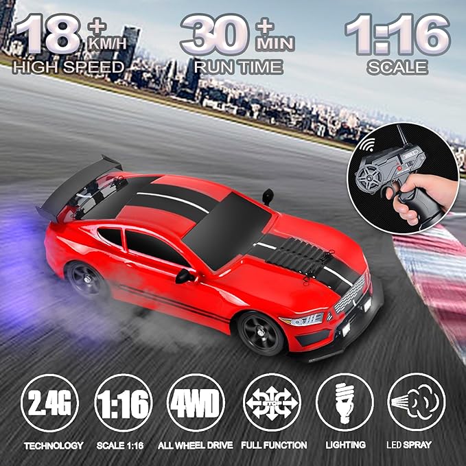 YUZ Remote Control Car RC Drift Car 1/16 Scale 4WD 18KM/H High Speed RC Car 2.4GHz with LED Lights Spray Racing Toy Car for Adults Boys Girls Kids Birthday 2Pcs Rechargeable Batteries, Red