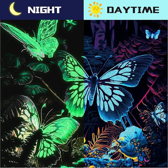 Wooden Puzzles, Butterfly Wooden Jigsaw Puzzles Glow in The Dark, 500 Pieces Unique Shaped Wooden Puzzles for Adults and Kids 16.5 x 16.5 Inch
