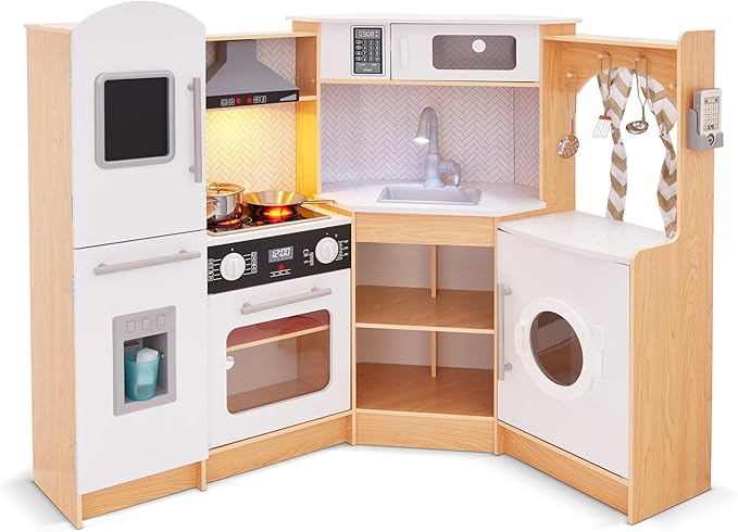 Lil' Jumbl Kids Corner Kitchen Set, Pretend Wooden Deluxe Play Kitchen, Battery Operated Icemaker, Stovetop & Faucet with Realistic Sound - Natural