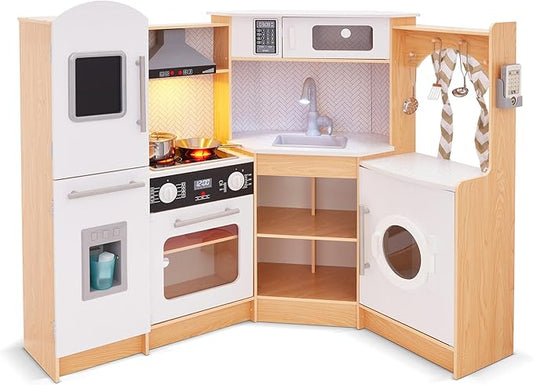 Lil' Jumbl Kids Corner Kitchen Set, Pretend Wooden Deluxe Play Kitchen, Battery Operated Icemaker, Stovetop & Faucet with Realistic Sound - Natural