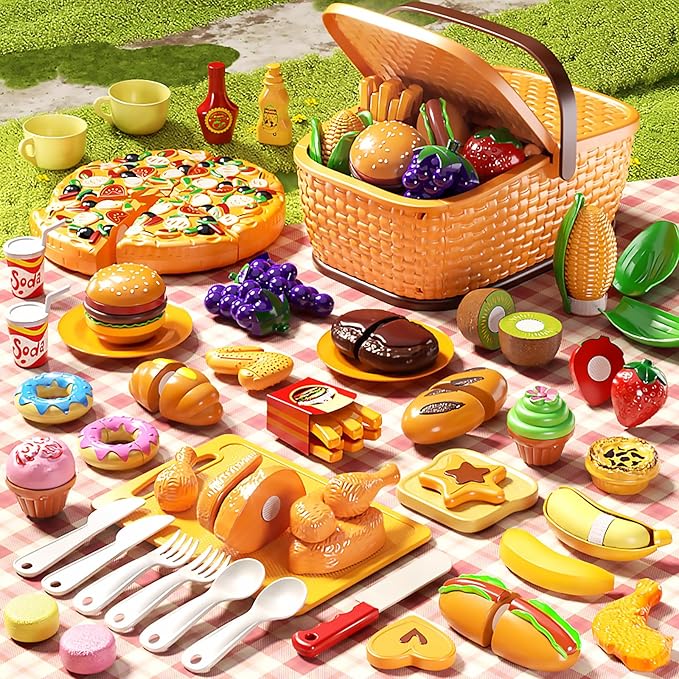 80pcs Pretend Play Food for Kids, Cutting Toy Food Set with Picnic Basket, Play Kitchen Accessories, Food Toys with Veggies, Fruits, Pizza Toy for Boys Girls Gift