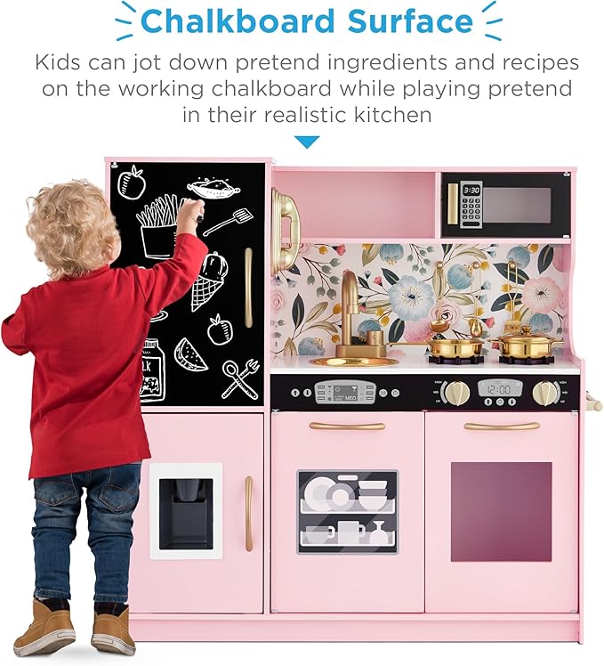 Best Choice Products Pretend Play Kitchen Wooden Toy Set for Kids w/Realistic Design, Telephone, Utensils, Oven, Microwave, Sink - Pink Floral