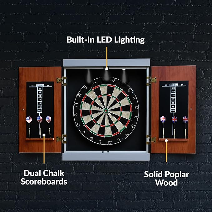 Hathaway Geneva Dartboard and Cabinet Set - Includes 18-in Dartboard, Steel-Tip Darts, Chalk Scoreboards - Perfect for Family Game Rooms, Basements, Home Bars, Wood Grain/Black/Gray