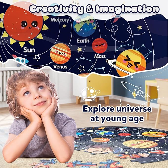 Puzzles for Kids Ages 4-6 with Solar System Planets, 70 Piece Round Large Kids Floor Puzzles for Ages 3 4 5 6 7 8, Educational Toy Gift Jigsaw Puzzles for 5 Year Old Boys Girls