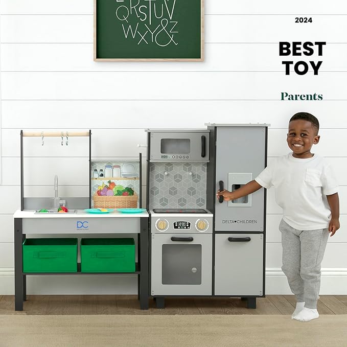 Delta Children Gourmet All-in-One Corner Play Kitchen - Toy Kitchen Playset with Safe & Heatless Stove with Lights, Oven, Sink, Fridge/Freezer with Ice Maker and 20 Accessories, Grey