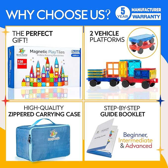 Magnetic Tiles 138 PCS+ Bonus Zippered CASE, Magnetic Tiles for Kids Toy for 3 4 5 6 7 8 Year Old Boys & Girls, Great Gift for Kids Aged 3-8, XL Set