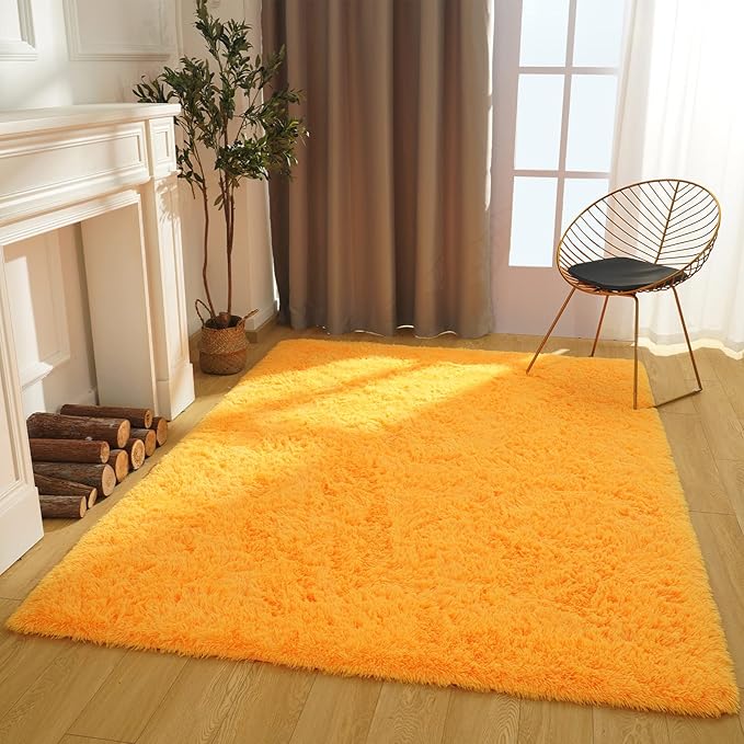 Amearea Shag Fluffy Area Rug for Bedroom Girls Living Room, Extra Soft and Fuzzy Shaggy Rugs, Non Slip, Solid Color Carpet Mat for Boys Nursery Home, Orange 6x9 Feet