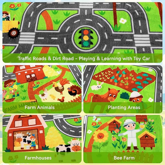 Kids Rug Play Mat for Toy Cars, 59"×78.7" Farm Life Road Traffic for Playroom Kids Car Road Rugs Village Map Play Mat Non-Slip Washable Play Rug for Toddler Room Family Tummy Time Playtime