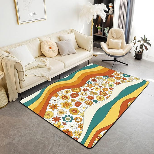 Erosebridal 70S Retro Flower Area Rug Kids Girls Cute Groovy Vintage Floral Rug 4x5 Rainbow Wavy Geometric Floral Hippie Colorful Abstract Boho Botanical Non Slip Carpet for Bedside