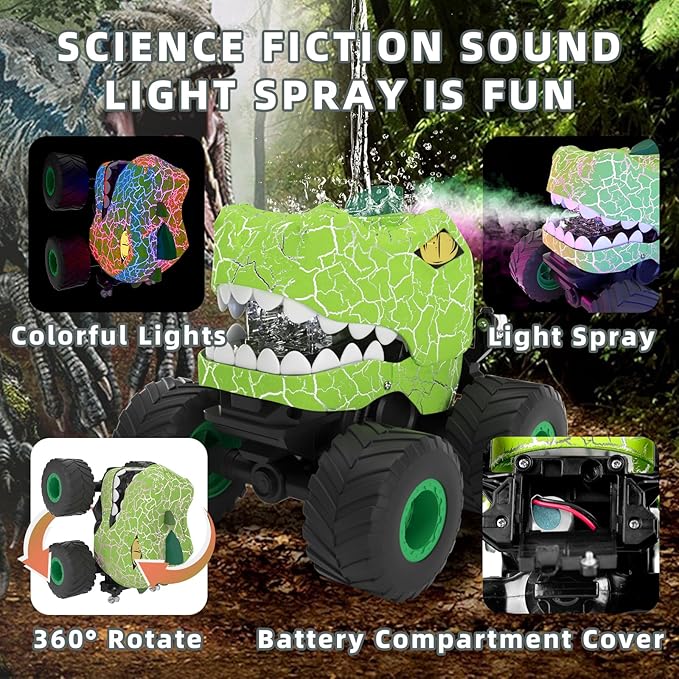 Dinosaur Remote Control Car,2.4hz Rc Monster Truck Toy,Suitable For Boys,With Spray, Light And Sound, All Terrain Remote Control Car,Suitable For3,4,5,6,7-Year-Old Children,Christmas Birthday Gift