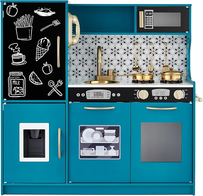 Best Choice Products Pretend Play Kitchen Wooden Toy Set for Kids w/Realistic Design, Telephone, Utensils, Oven, Microwave, Sink - Teal