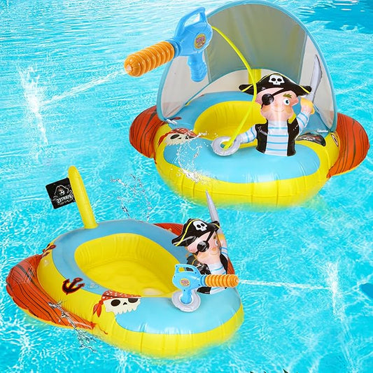 2X Thicken Inflatable Kids Pool Float with UPF 50+ Canopy Detachable,Pirate Ship Floaties with Captain & Water Gun,Swimming Pool Toys for Boys & Girls ，Toddlers ，Babies，Child,Summer Beach Outdoor Play