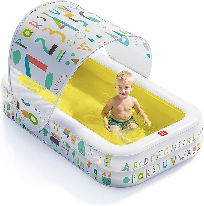 QPAU Kiddie Pool – 65" x 39" Inflatable Pool for Kids & Toddlers, Ball Pit & Baby Pool with Soft Cushioned Floor, Canopy for Sun Protection, Durable Outdoor Play Toys for Backyard & Indoor (Yellow)