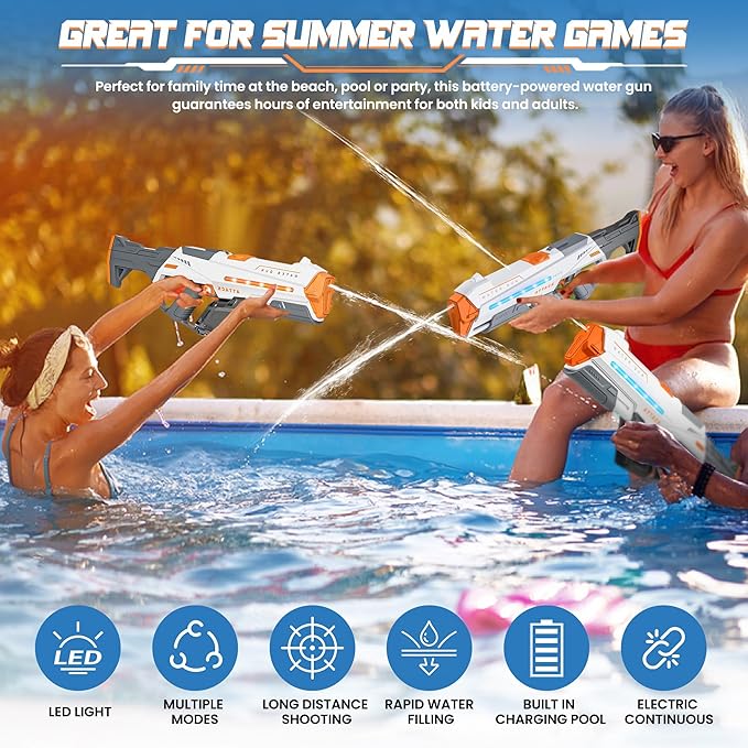 Electric Water Guns for Adults, Squirt Guns for Kids with Light Up and Large Capacity, Powerful Water Gun Up to 28-32FT Range for Summer Swimming Pool Party Beach Outdoor Activity(White)