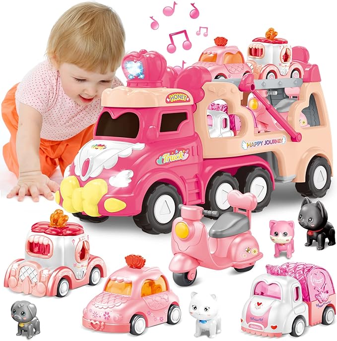 9 in 1 Carrier Truck Cars Toys for Girls Toddlers,Pink Princess Girl Car with Light and Sound,Toddler Girl Toys Age 1-2 2-4,Toys for 1 2 3 Year Old Girls Birthday for Baby Girl…