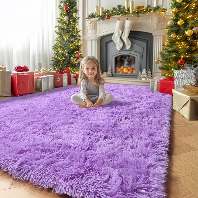 Purple Area Rug for Bedroom,4'X6', Fluffy Shag Rug for Living Room, Furry Carpet for Kids Room, Shaggy Throw Rug for Nursery Room, Fuzzy Plush Rug, Purple Carpet, Rectangle, Cute Room Decor for Baby