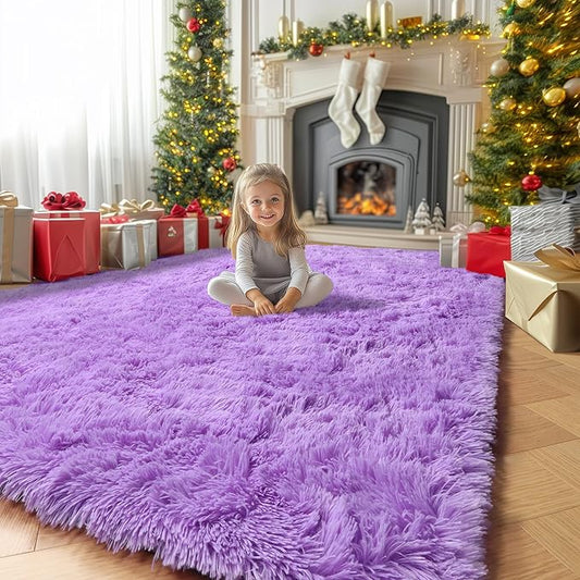 Purple Area Rugs for Girls Bedroom,5x8 Rug,Fluffy Shag Rug for Living Room,Thick Furry Rugs for Kids Room,Shaggy Throw Rug for Nursery,Playroom,Kawaii Fuzzy Plush Carpet,Cute Room Decor for Baby