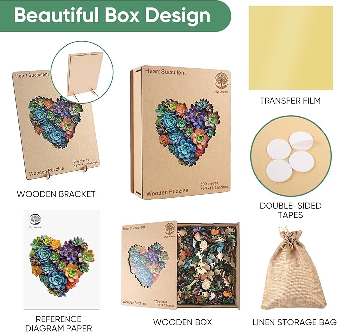 Heart Succulent Wooden Puzzles for Adults, 200 Piece Unique Shaped Wood Jigsaw Puzzles for Adults and Kids, Fun Challenging Puzzles Family Game Gift, Medium 11.7'' x 11.2''