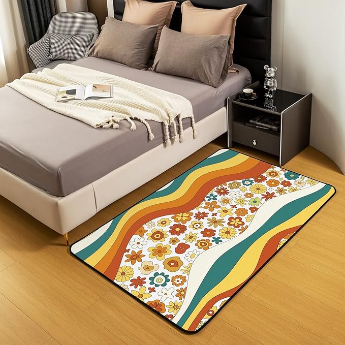 Erosebridal 70S Retro Flower Area Rug Kids Girls Cute Groovy Vintage Floral Rug 3x5 Rainbow Wavy Geometric Floral Hippie Colorful Abstract Boho Botanical Non Slip Carpet for Bedside