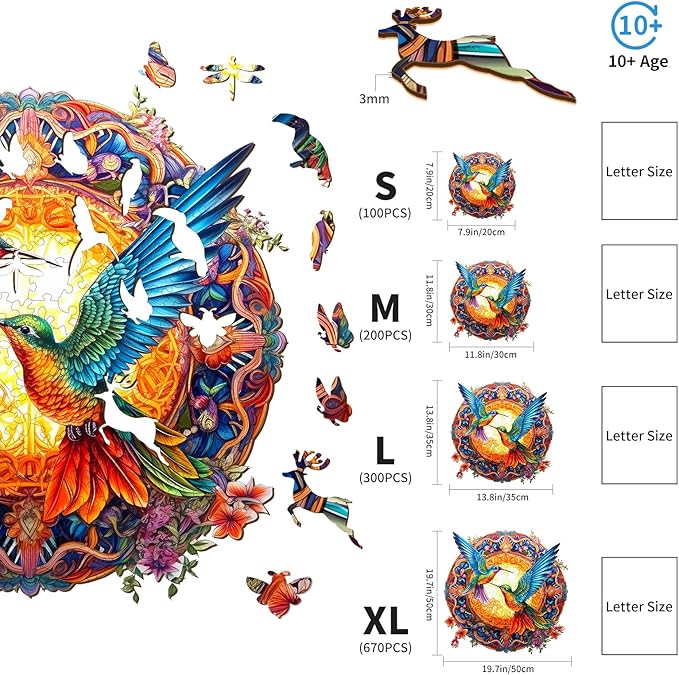Wooden Jigsaw Puzzles, Mandala Hummingbirds (200pcs-M-11.8 * 11.8in) Wooden Puzzles for Adults Kids, Unique Shape Animal Wood Puzzles Adults Birthday Gifts