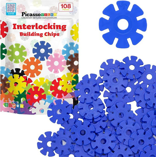 PicassoTiles Building Chip Interlocking Disc Construction Blocks in Blue Color STEM Learning Early Education Toy Engineering Playset Child Brain Development for Toddlers Girls Boys Kids Age 3+ PTF108