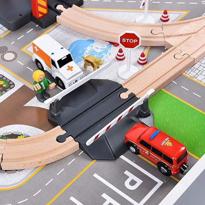 Giant bean 72PCS Fire Station Wooden Train Track Electric Train Set, Gift Packed Toy Railway Kits for Kids, Toddler Boys and Girls 3,4,5 Years Old and Up, Christmas Birthday Gift Toy for Kids