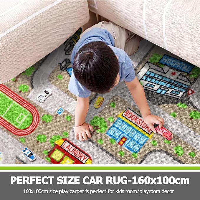 Capslpad Tan Car Road Kid Rug Carpet Playmat for Playoom Traffic Road Kids Play Mat for Toddler Non Slip Washable City Map Race Track Carpet Rug for Kids Room Bedroom Nursery Room Decor,5.2'x3.3'