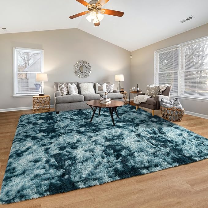 Pettop Fluffy Tie-Dye Peacock Blue Rug for Bedroom Living Room, 3x5 Feet Super Soft Shaggy Plush Fuzzy Rugs for Girls Kids Boys, Non-Slip and Washable Rug for Nursery Classroom, Carpet for Rooms Decor