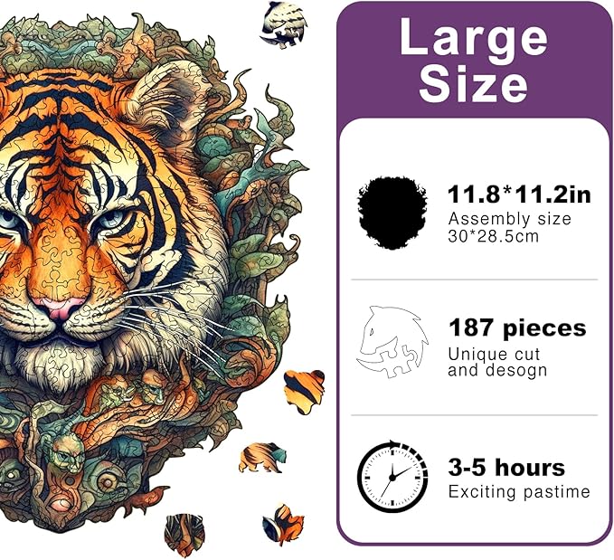 Wooden Puzzles for Adults, Jungle Tiger Unique Shaped Wooden Jigsaw Puzzle, Premium Wooden Box Animals Wood Cut Puzzles, Birthday, 187 Pieces, 11.81"x11.22"