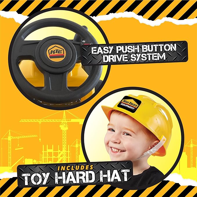 Kid Trax 6V Frontloader Ride-On Toy for Kids, Ages 18-36 Months, Max Weight 44 lbs, Easy Push Button Drive System and Pull Front Bucket Lever, Includes Toy Hard Hat