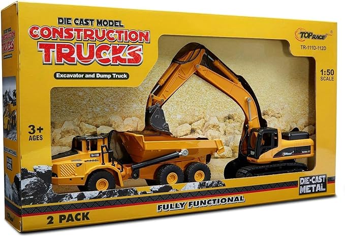 Top Race Construction Toys Set - Metal Excavator Toy, Dump Truck for Kids - Realistic Toy Trucks with Moving Parts for Indoor, Outdoor Play - Durable Construction Vehicles for Boys and Girls